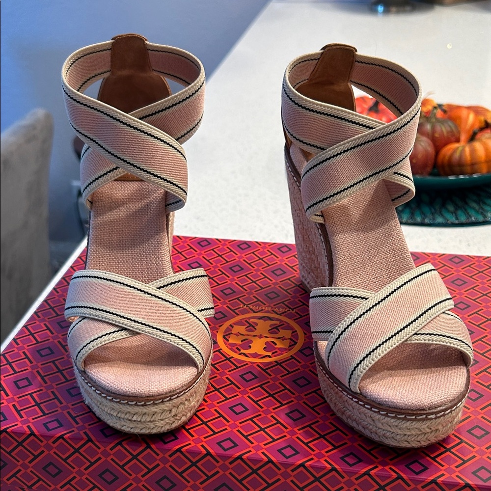 Tory Burch Frieda Blush Stripe/Tan Wedge Sandals